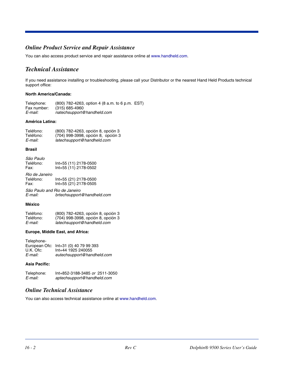 Online product service and repair assistance, Technical assistance, Online technical assistance | Online product service and repair assistance -2, Technical assistance -2, Online technical assistance -2 | Dolphin Peripherals 9500 User Manual | Page 252 / 264