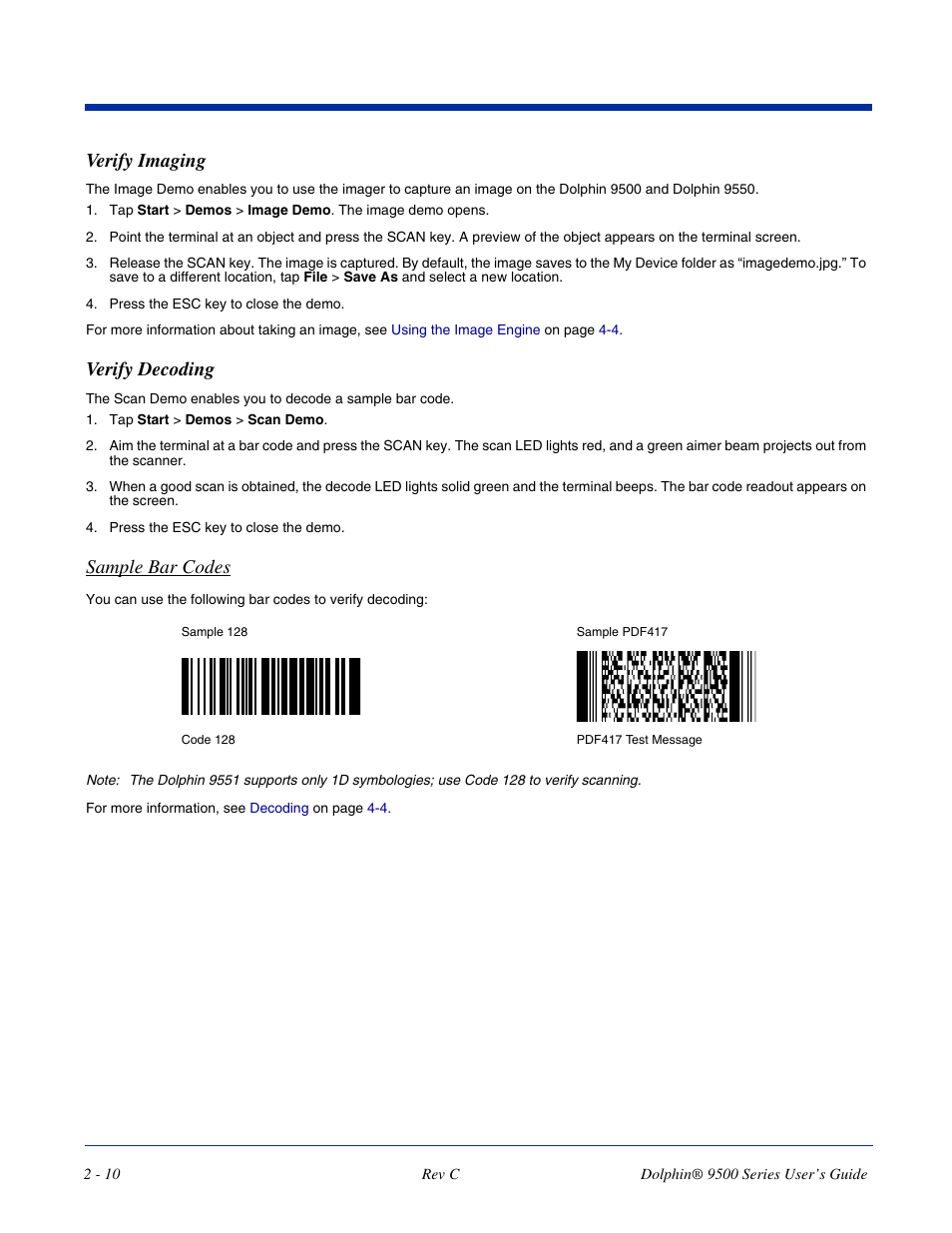 Verify imaging, Verify decoding, Sample bar codes | Dolphin Peripherals 9500 User Manual | Page 28 / 264