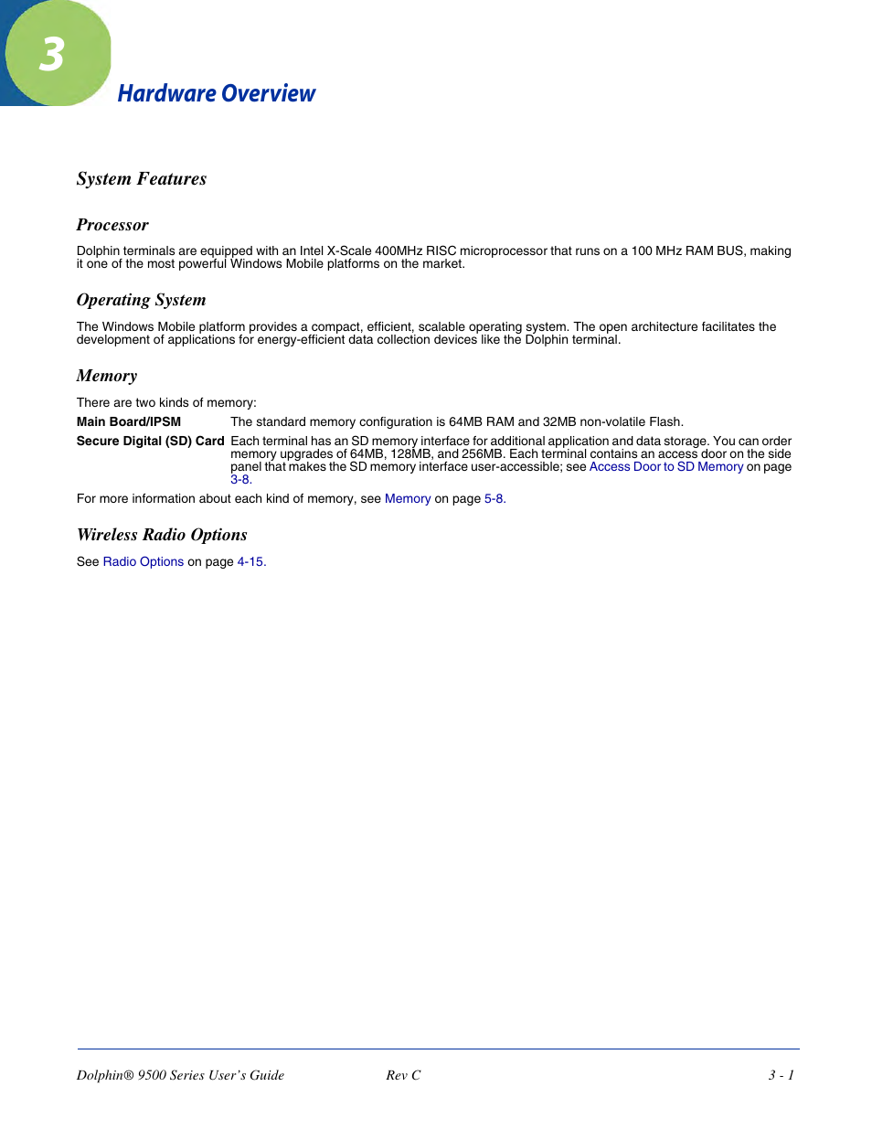 Hardware overview, System features, Chapter 3 - hardware overview | System features -1 | Dolphin Peripherals 9500 User Manual | Page 31 / 264