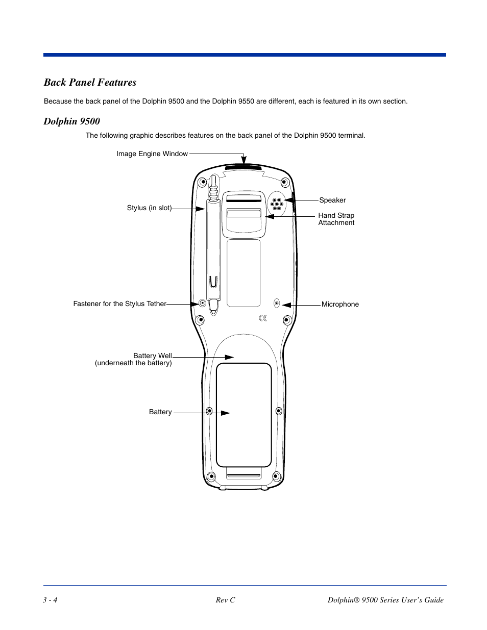 Back panel features, Dolphin 9500, Back panel features -4 | Dolphin 9500 -4, For details, see | Dolphin Peripherals 9500 User Manual | Page 34 / 264