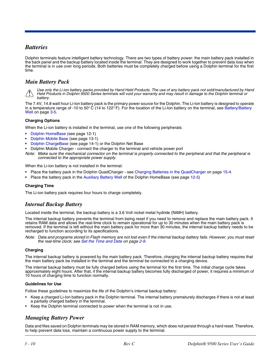 Batteries, Main battery pack, Internal backup battery | Managing battery power, Batteries -10, Information, see | Dolphin Peripherals 9500 User Manual | Page 40 / 264