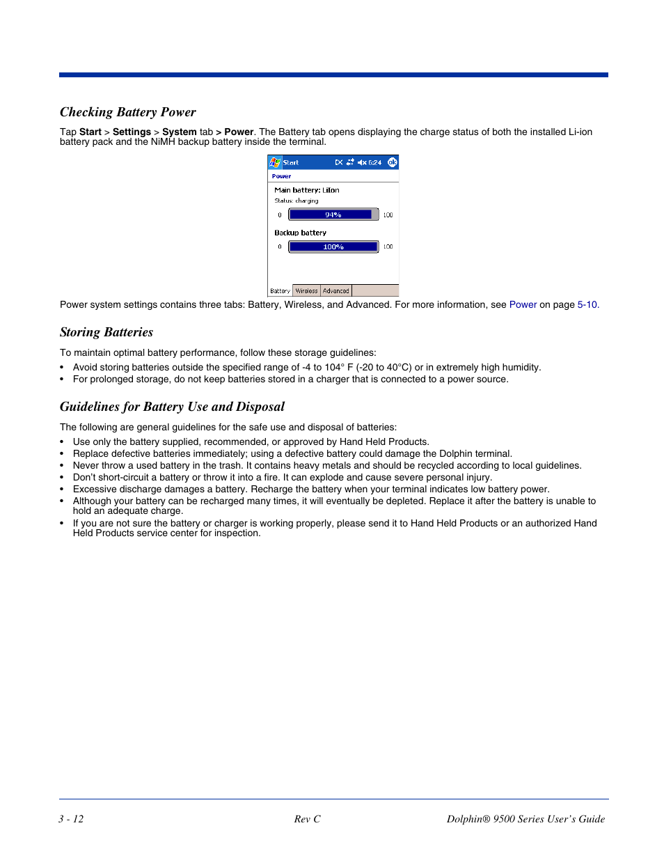 Checking battery power, Storing batteries, Guidelines for battery use and disposal | Dolphin Peripherals 9500 User Manual | Page 42 / 264