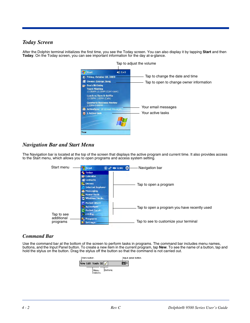 Today screen, Navigation bar and start menu, Today screen -2 navigation bar and start menu -2 | Command bar | Dolphin Peripherals 9500 User Manual | Page 46 / 264