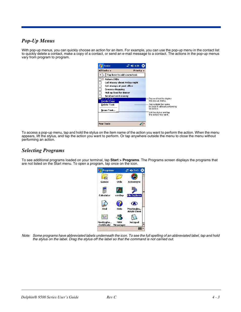 Pop-up menus, Selecting programs, Pop-up menus -3 selecting programs -3 | Dolphin Peripherals 9500 User Manual | Page 47 / 264