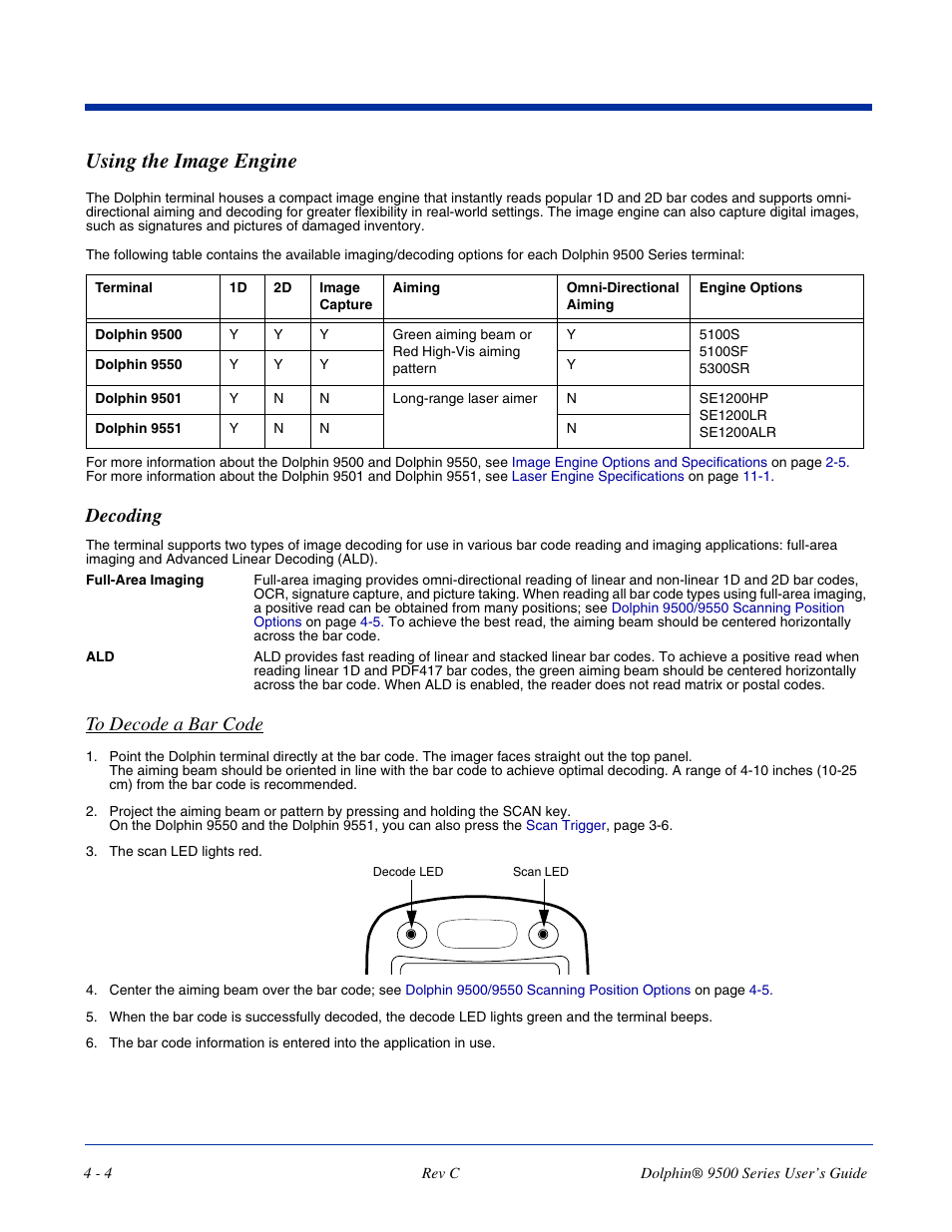Using the image engine, Decoding, Using the image engine -4 | Decoding -4, For more information, see | Dolphin Peripherals 9500 User Manual | Page 48 / 264