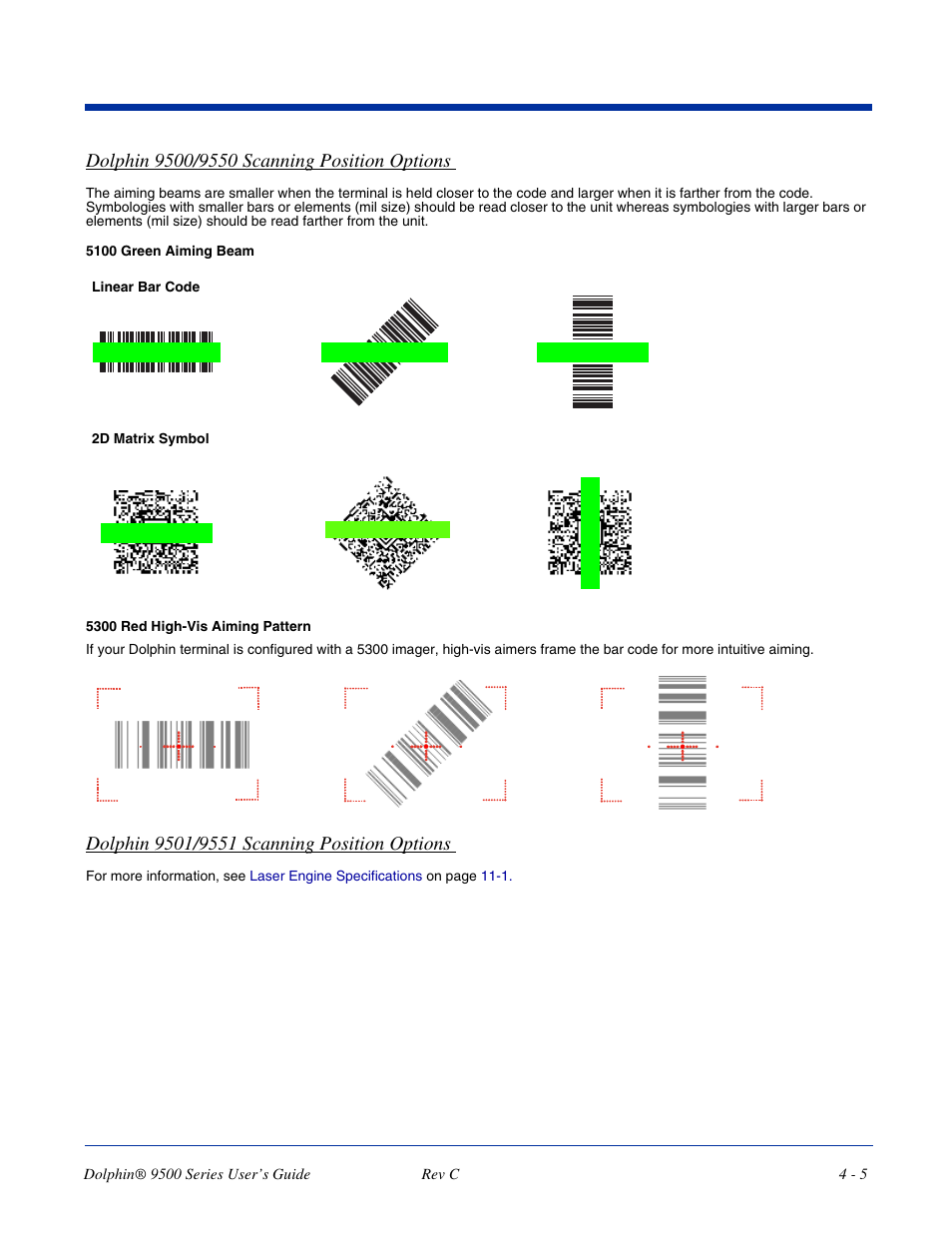 And aiming. for details, see, 5300 red high-vis aiming pattern, Ed from many positions; see | Dolphin 9500/9550 scanning position, Options, Over the bar code; see, Dolphin 9500/9550 scanning position options | Dolphin Peripherals 9500 User Manual | Page 49 / 264