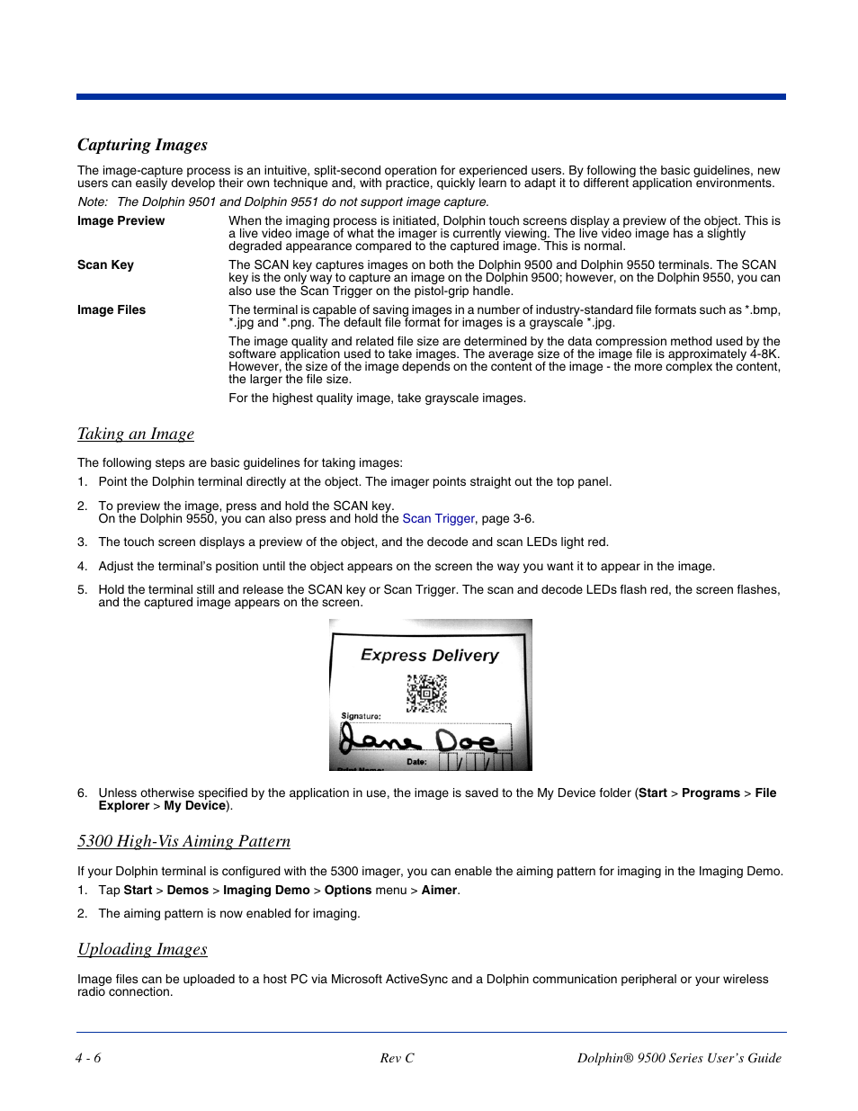 Capturing images, Capturing images -6, Taking an image | 5300 high-vis aiming pattern, Uploading images | Dolphin Peripherals 9500 User Manual | Page 50 / 264