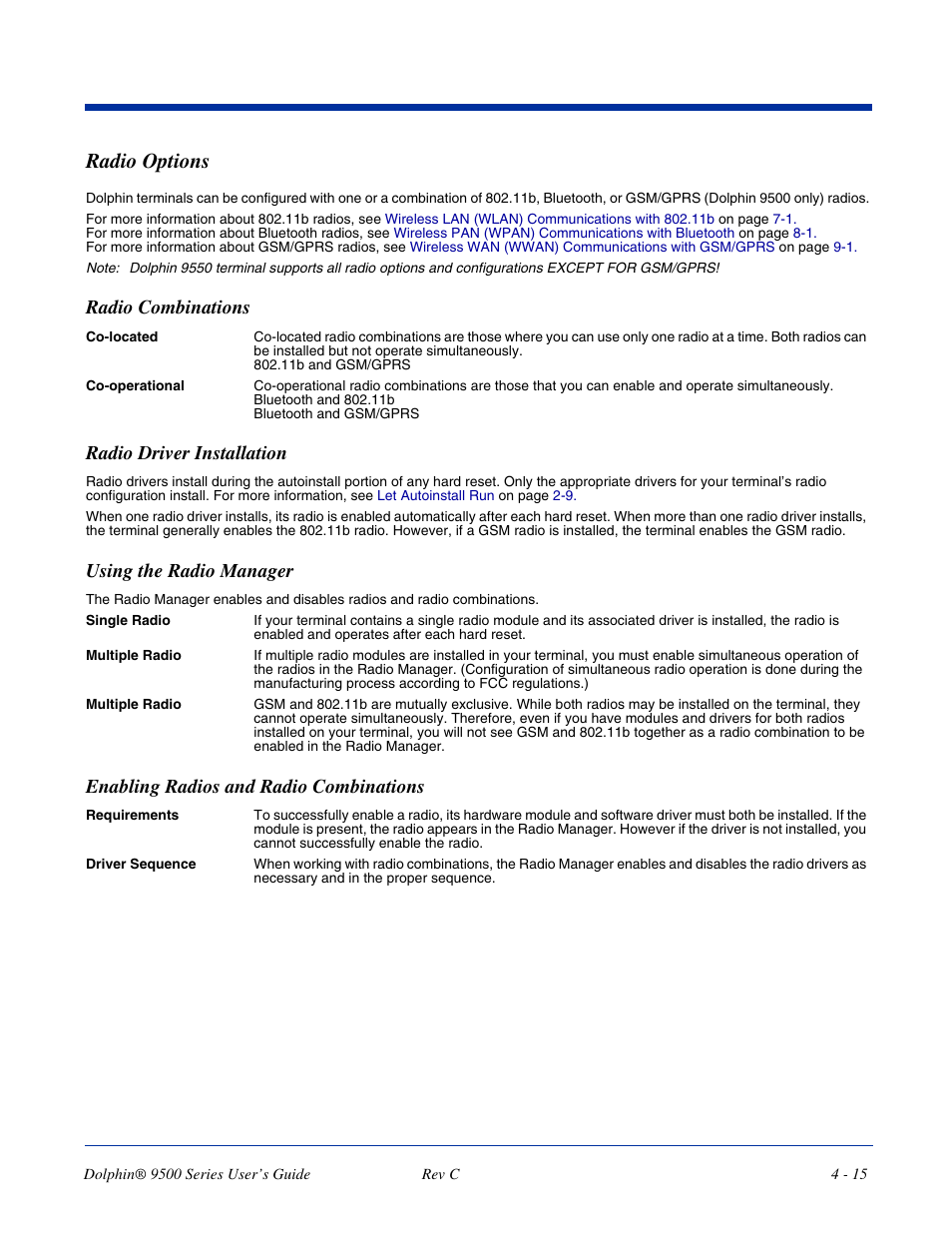Radio options, Radio combinations, Radio driver installation | Using the radio manager, Enabling radios and radio combinations, Radio options -15 | Dolphin Peripherals 9500 User Manual | Page 59 / 264