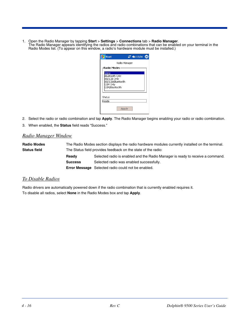 Radio manager window | Dolphin Peripherals 9500 User Manual | Page 60 / 264