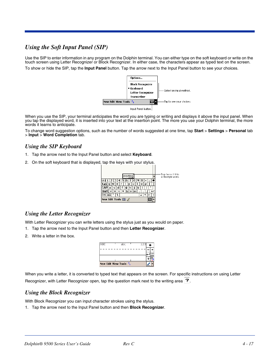 Using the soft input panel (sip), Using the soft input panel (sip) -17, Using the sip keyboard | Using the letter recognizer, Using the block recognizer | Dolphin Peripherals 9500 User Manual | Page 61 / 264