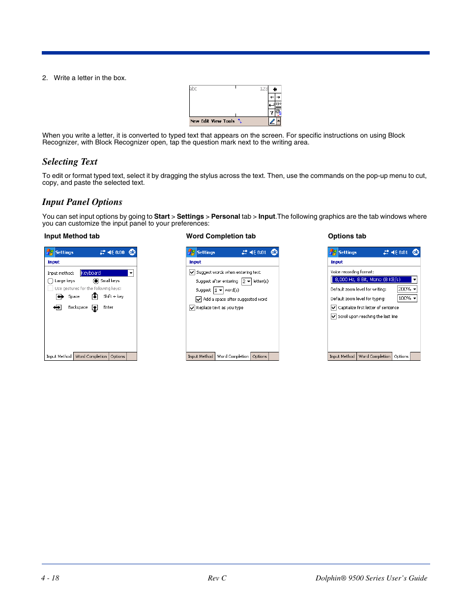 Input panel options, Input panel options -18, Selecting text | Dolphin Peripherals 9500 User Manual | Page 62 / 264