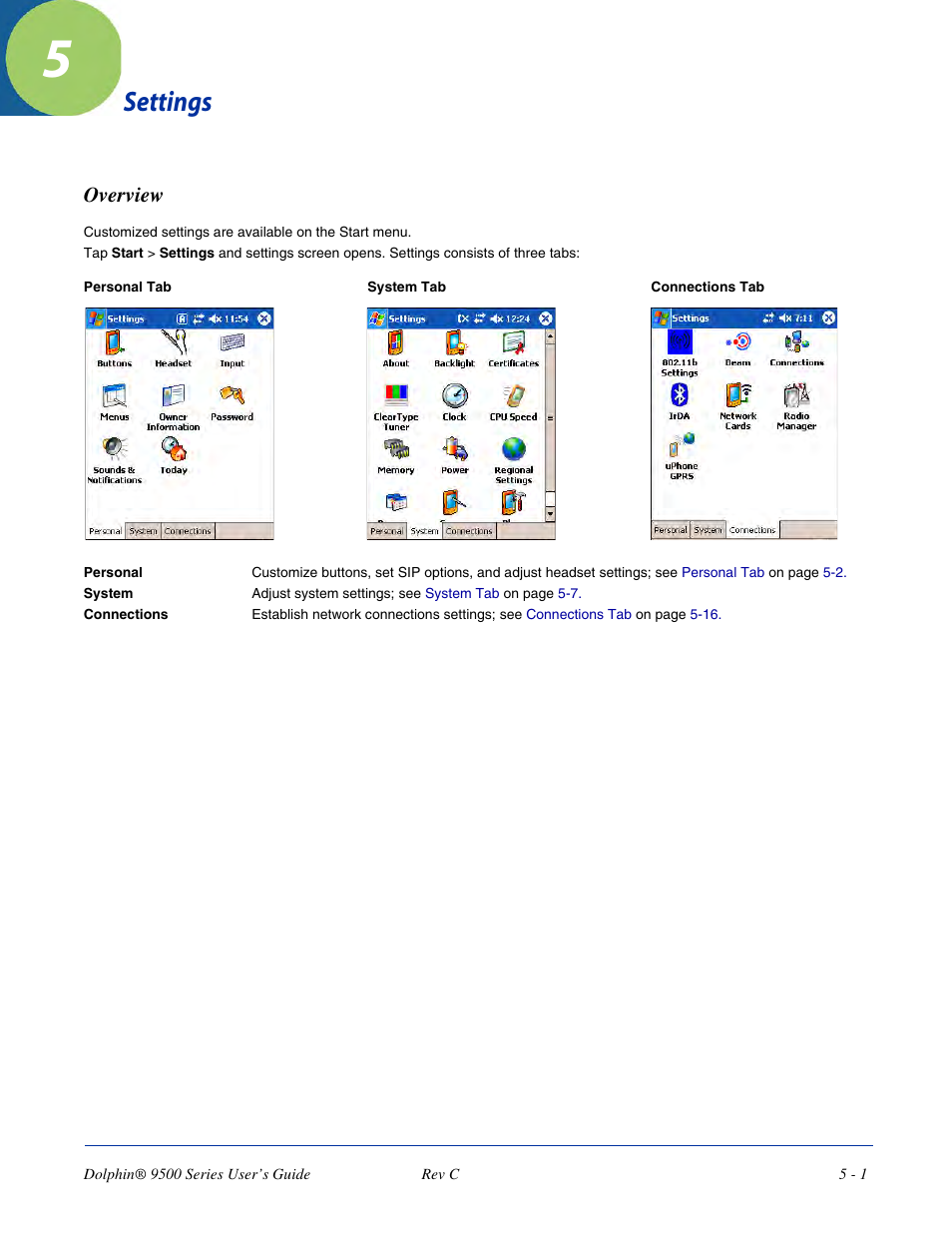Settings, Overview, Chapter 5 - settings | Overview -1 | Dolphin Peripherals 9500 User Manual | Page 67 / 264
