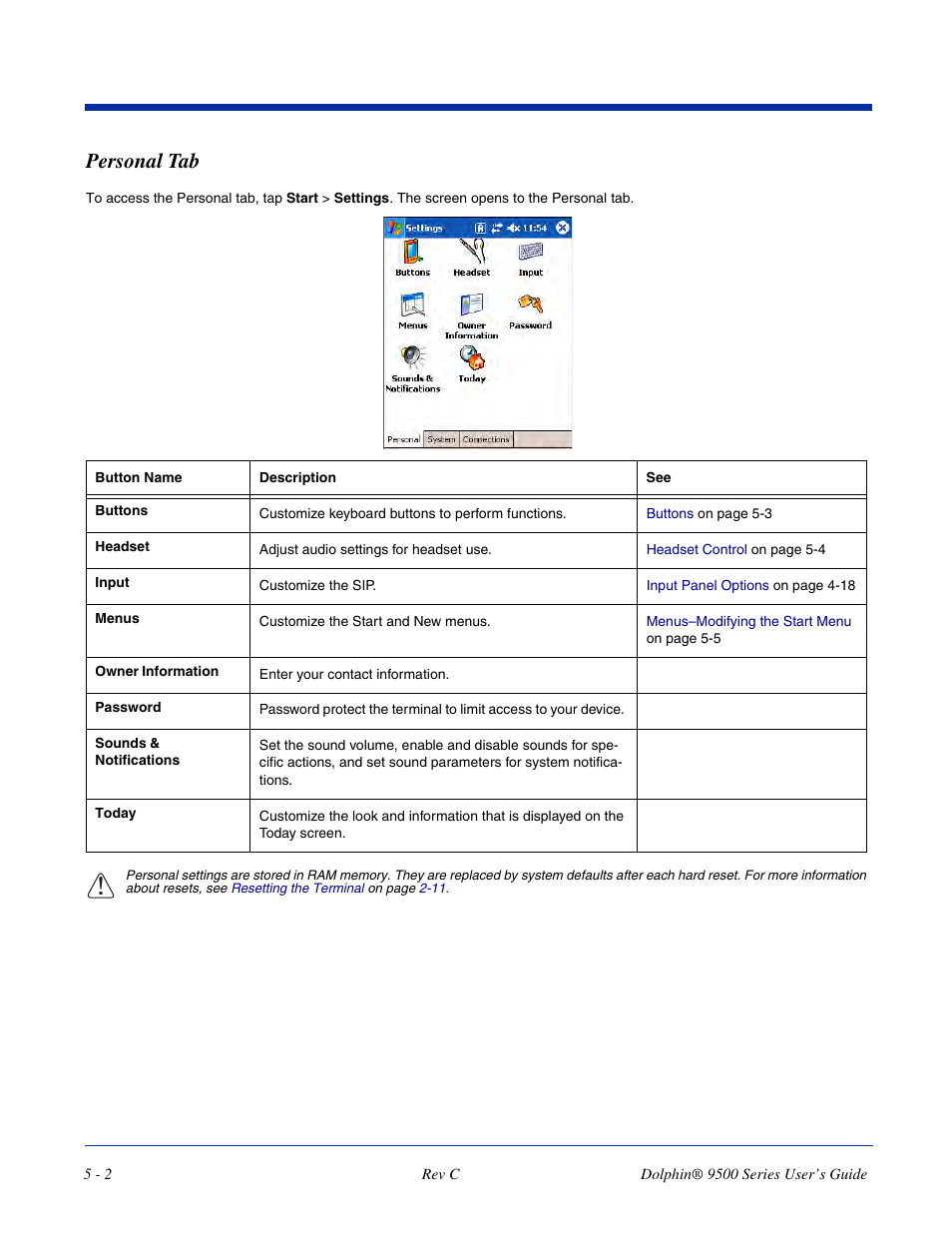 Personal tab, Personal tab -2, And adjust headset settings; see | Dolphin Peripherals 9500 User Manual | Page 68 / 264