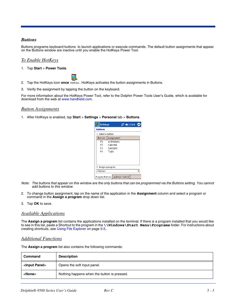 Buttons, Buttons -3, Button assignments | Available applications, Additional functions | Dolphin Peripherals 9500 User Manual | Page 69 / 264