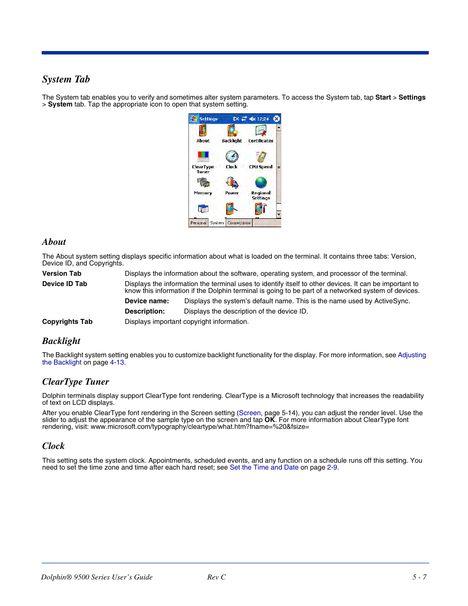 System tab, About, Backlight | Cleartype tuner, Clock, System tab -7, About -7 backlight -7 cleartype tuner -7 clock -7, Adjust system settings; see | Dolphin Peripherals 9500 User Manual | Page 73 / 264