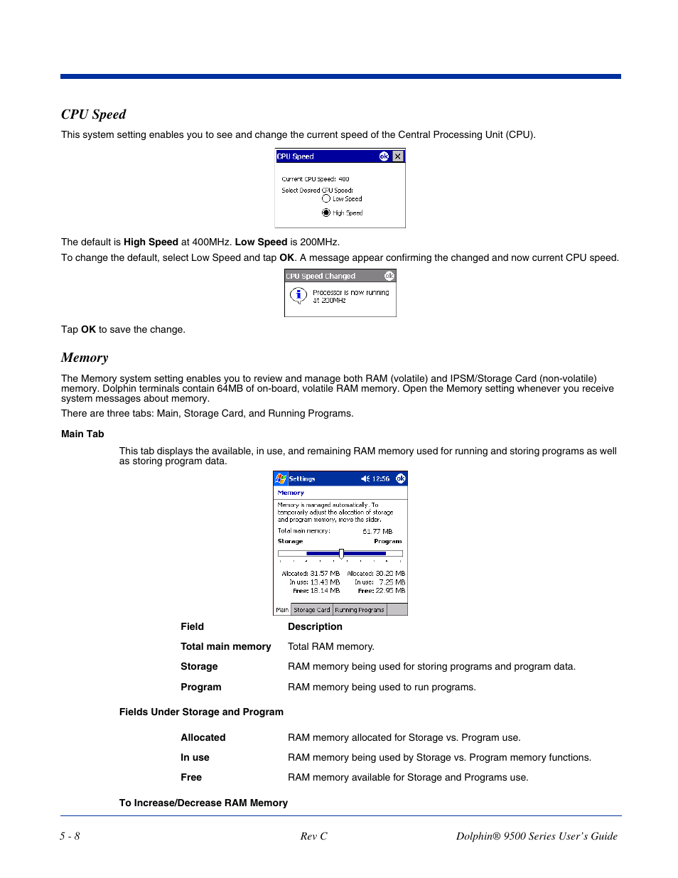 Cpu speed, Memory, Cpu speed -8 memory -8 | Dolphin Peripherals 9500 User Manual | Page 74 / 264