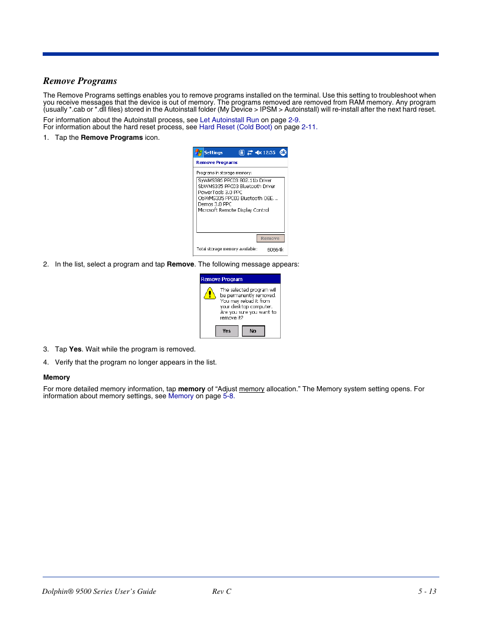 Remove programs, Remove programs -13 | Dolphin Peripherals 9500 User Manual | Page 79 / 264