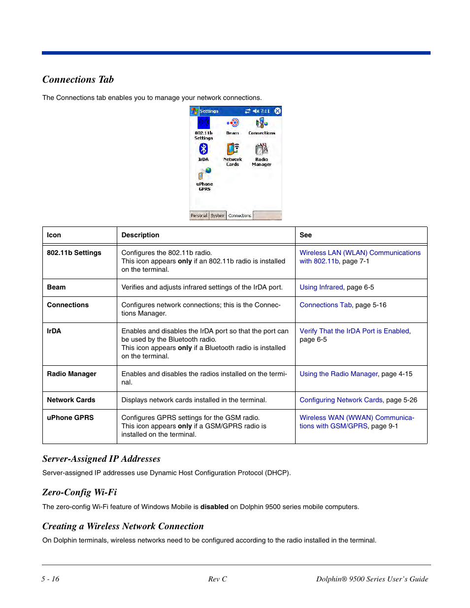 Connections tab, Server-assigned ip addresses, Zero-config wi-fi | Creating a wireless network connection, Connections tab -16, Onnections settings; see | Dolphin Peripherals 9500 User Manual | Page 82 / 264