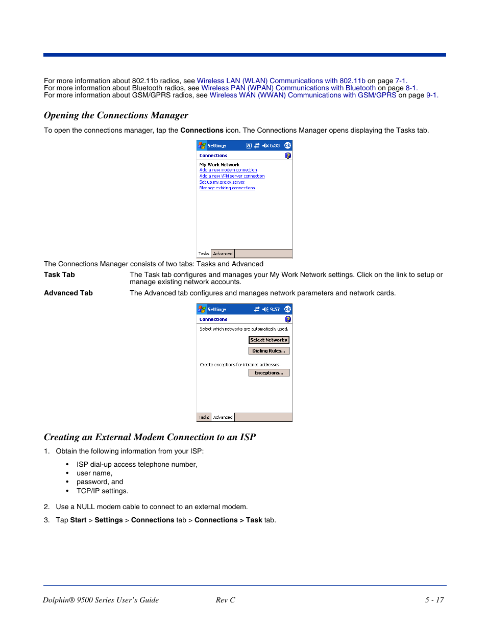 Opening the connections manager, Creating an external modem connection to an isp | Dolphin Peripherals 9500 User Manual | Page 83 / 264