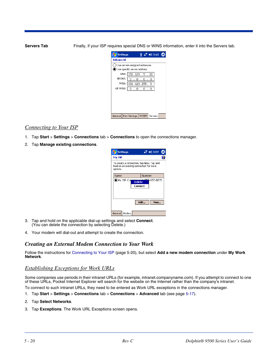 Creating an external modem connection to your work, Connecting to your isp, Establishing exceptions for work urls | Dolphin Peripherals 9500 User Manual | Page 86 / 264