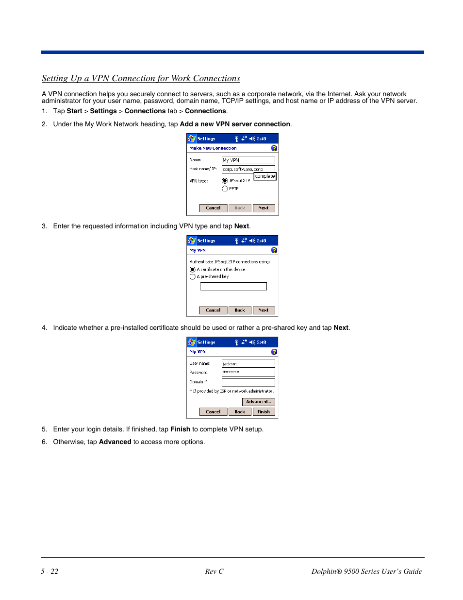 Setting up a vpn connection for work connections | Dolphin Peripherals 9500 User Manual | Page 88 / 264