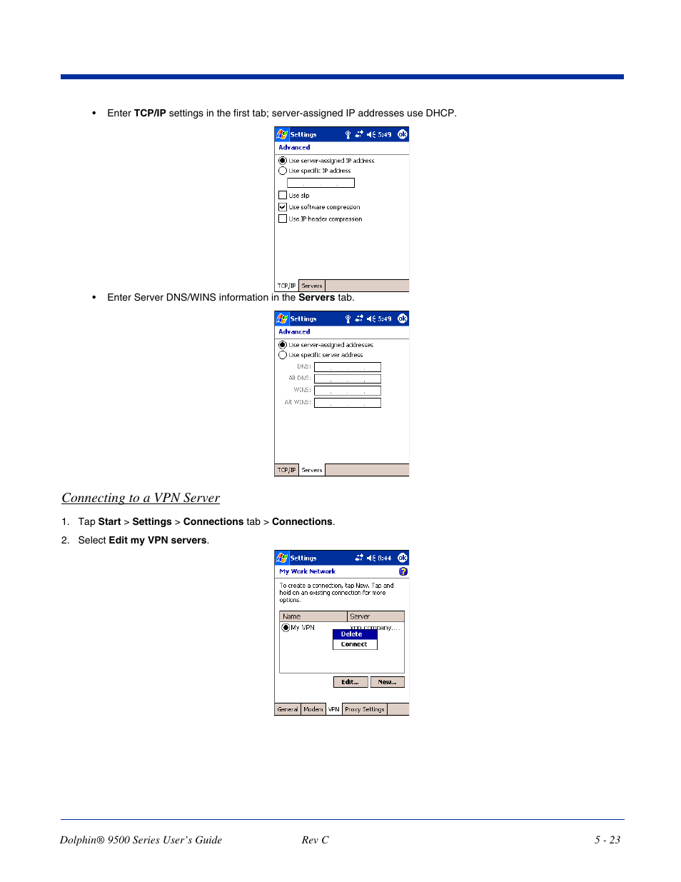 Connecting to a vpn server | Dolphin Peripherals 9500 User Manual | Page 89 / 264