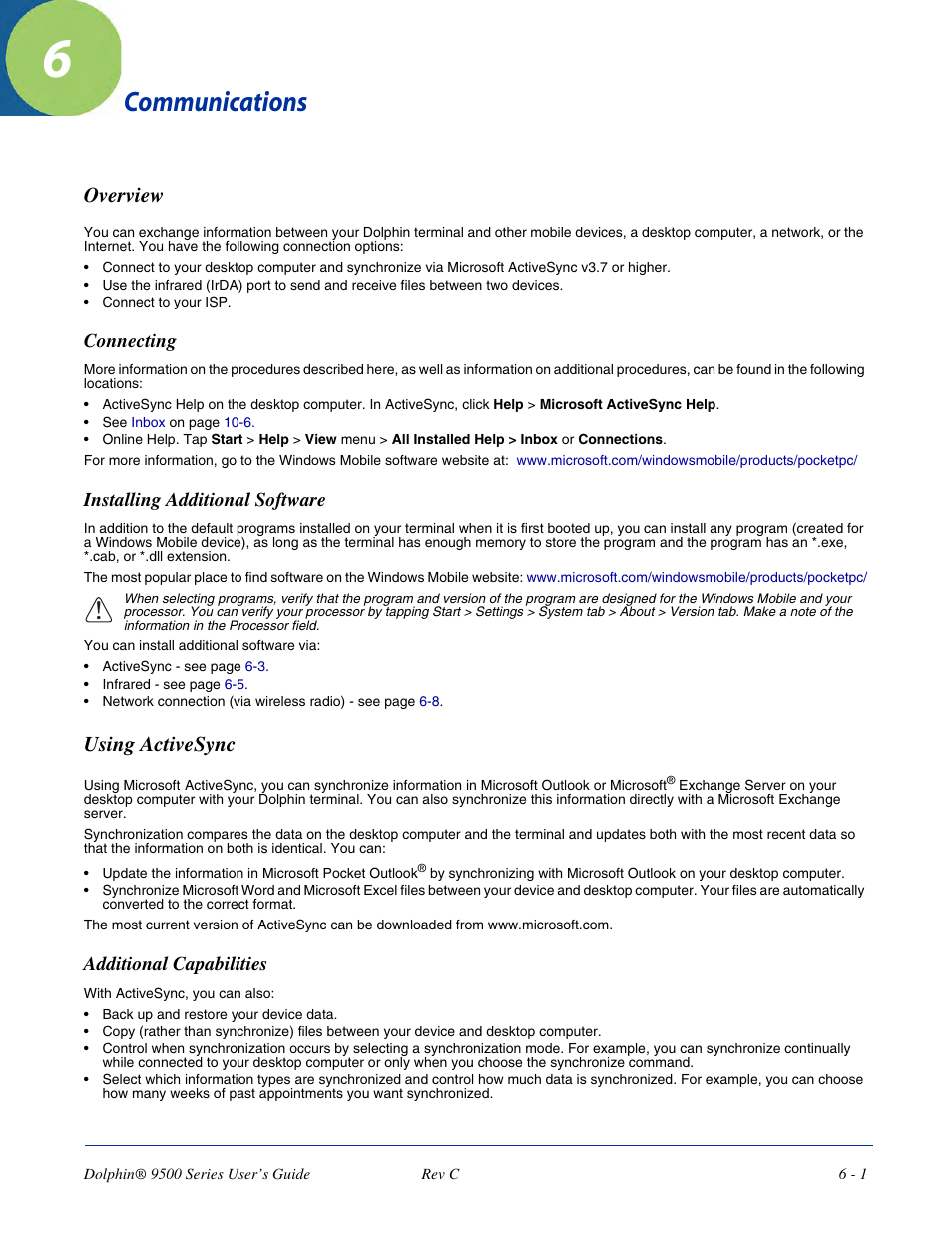 Communications, Overview, Connecting | Installing additional software, Using activesync, Additional capabilities, Chapter 6 - communications, Overview -1, Connecting -1 installing additional software -1, Using activesync -1 | Dolphin Peripherals 9500 User Manual | Page 93 / 264