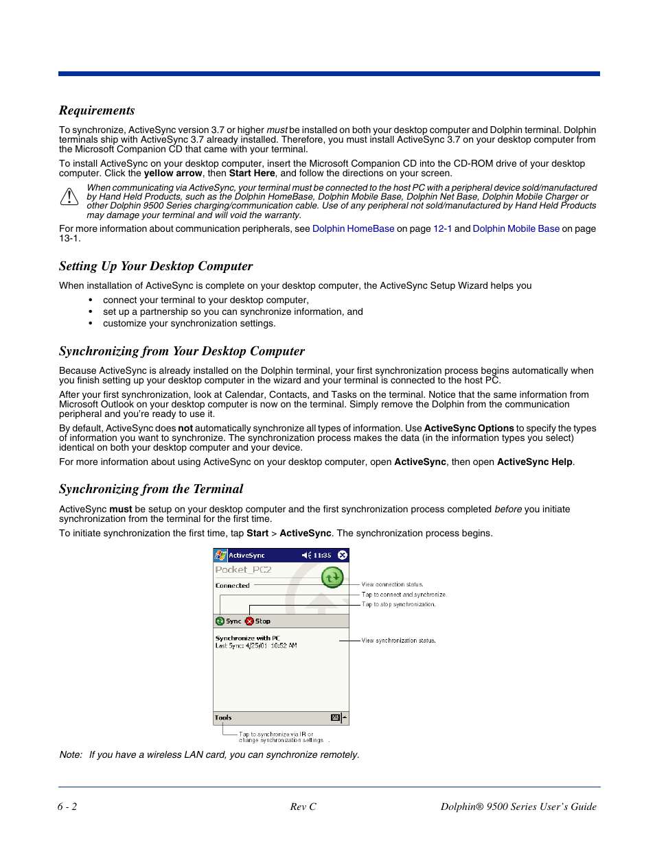 Requirements, Setting up your desktop computer, Synchronizing from your desktop computer | Synchronizing from the terminal | Dolphin Peripherals 9500 User Manual | Page 94 / 264