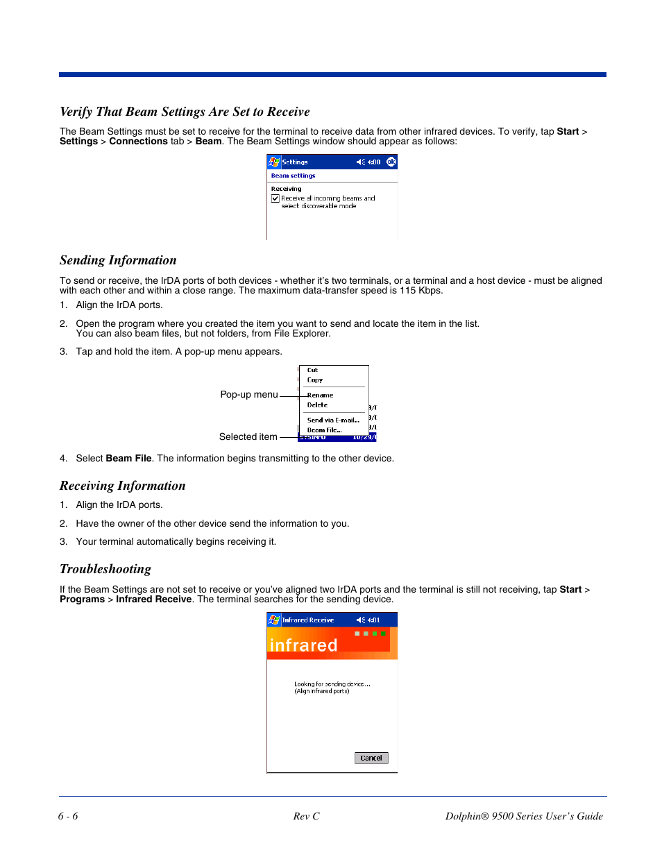 Verify that beam settings are set to receive, Sending information, Receiving information | Troubleshooting | Dolphin Peripherals 9500 User Manual | Page 98 / 264