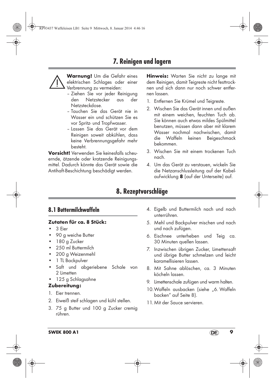 Reinigen und lagern, Rezeptvorschläge, 1 buttermilchwaffeln | Silvercrest SWEK 800 A1 User Manual | Page 11 / 58