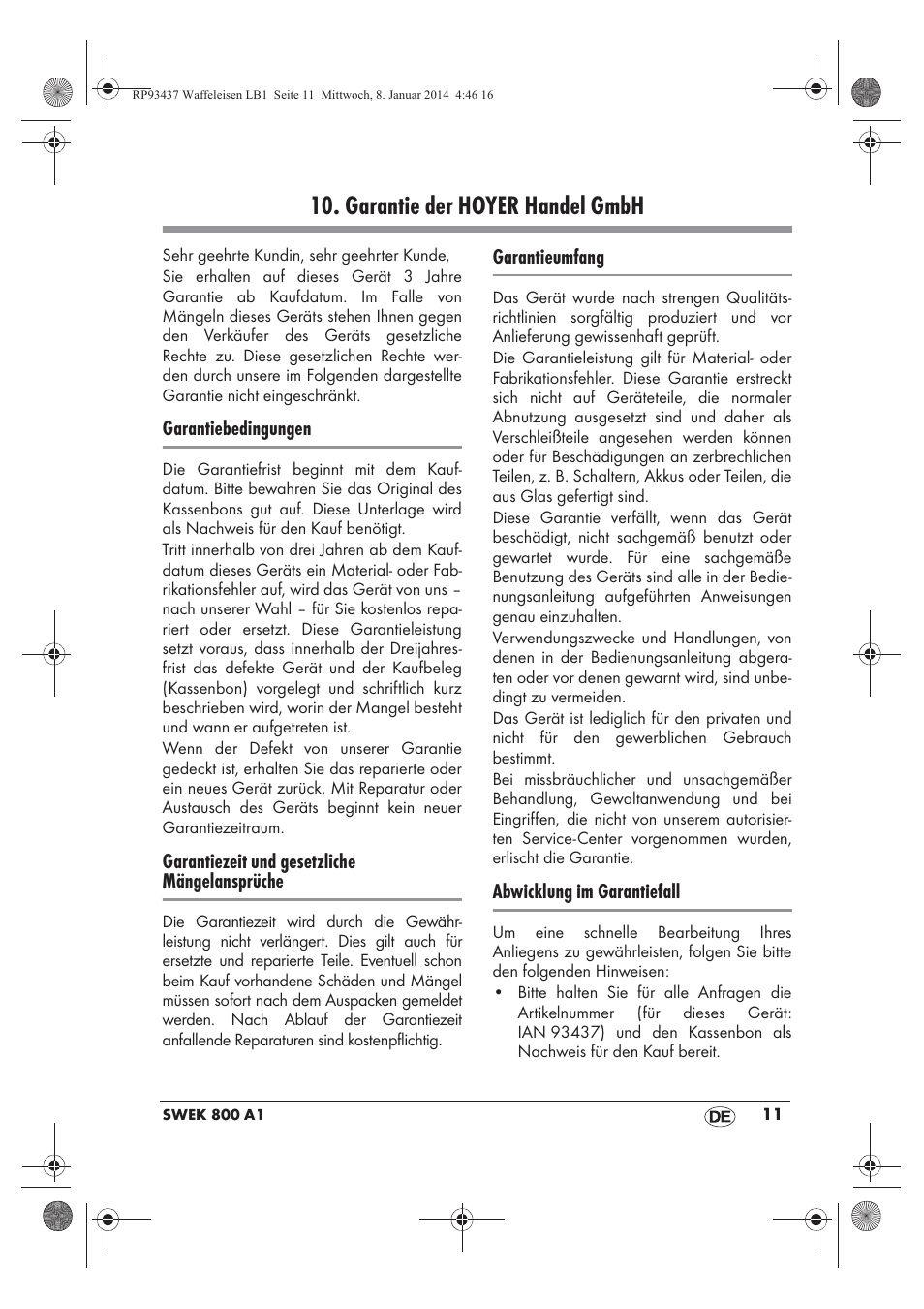 Garantie der hoyer handel gmbh | Silvercrest SWEK 800 A1 User Manual | Page 13 / 58