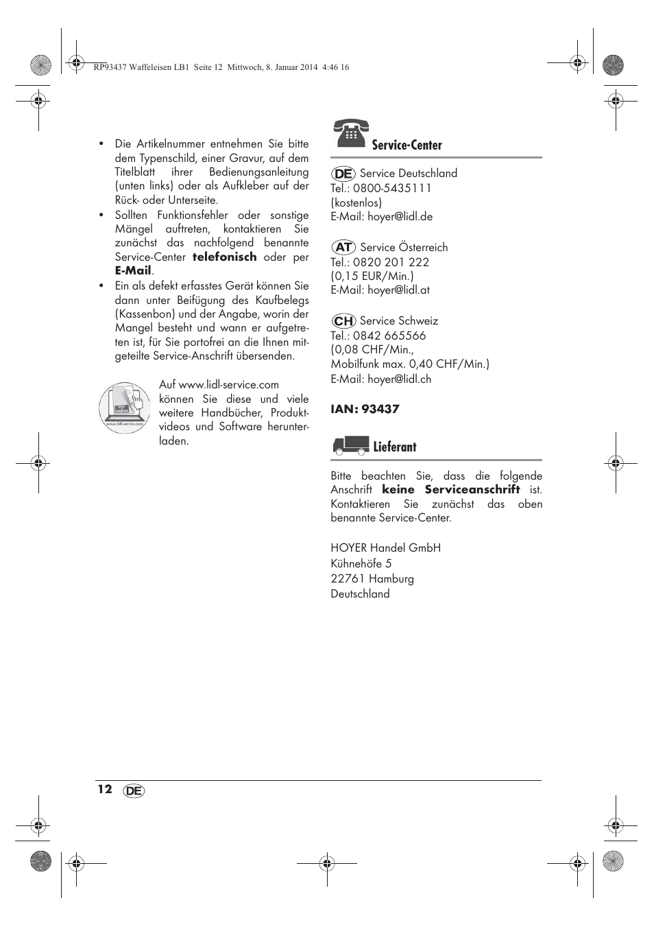 Service-center, Lieferant | Silvercrest SWEK 800 A1 User Manual | Page 14 / 58