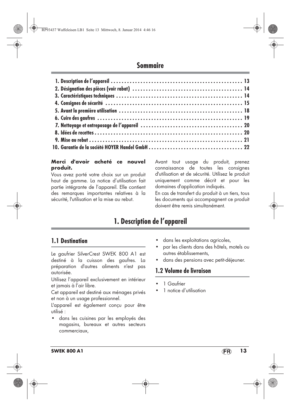 Sommaire, Description de l’appareil, 1 destination | 2 volume de livraison | Silvercrest SWEK 800 A1 User Manual | Page 15 / 58