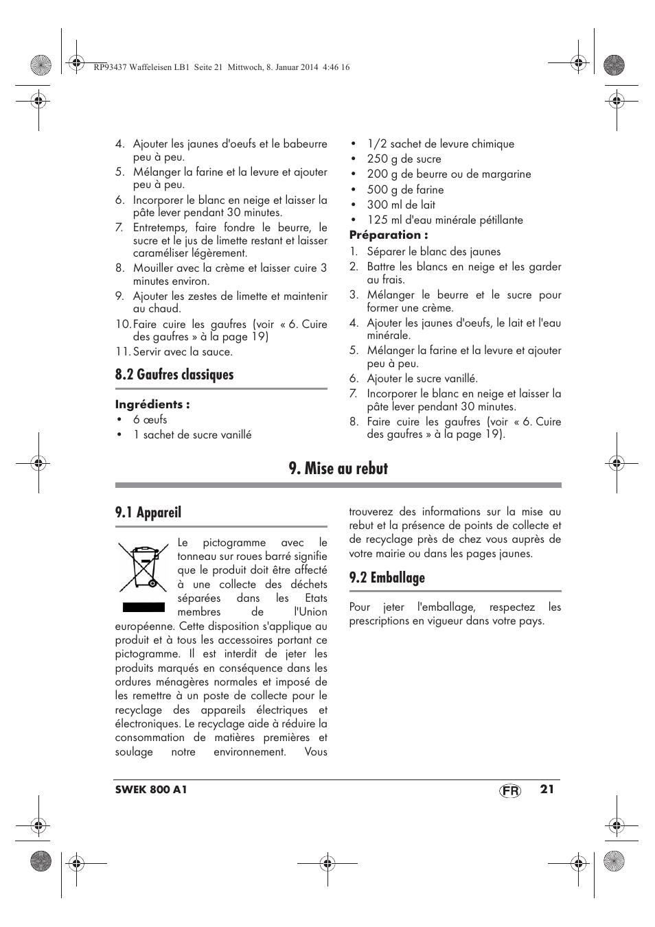 Mise au rebut, 2 gaufres classiques, 1 appareil | 2 emballage | Silvercrest SWEK 800 A1 User Manual | Page 23 / 58