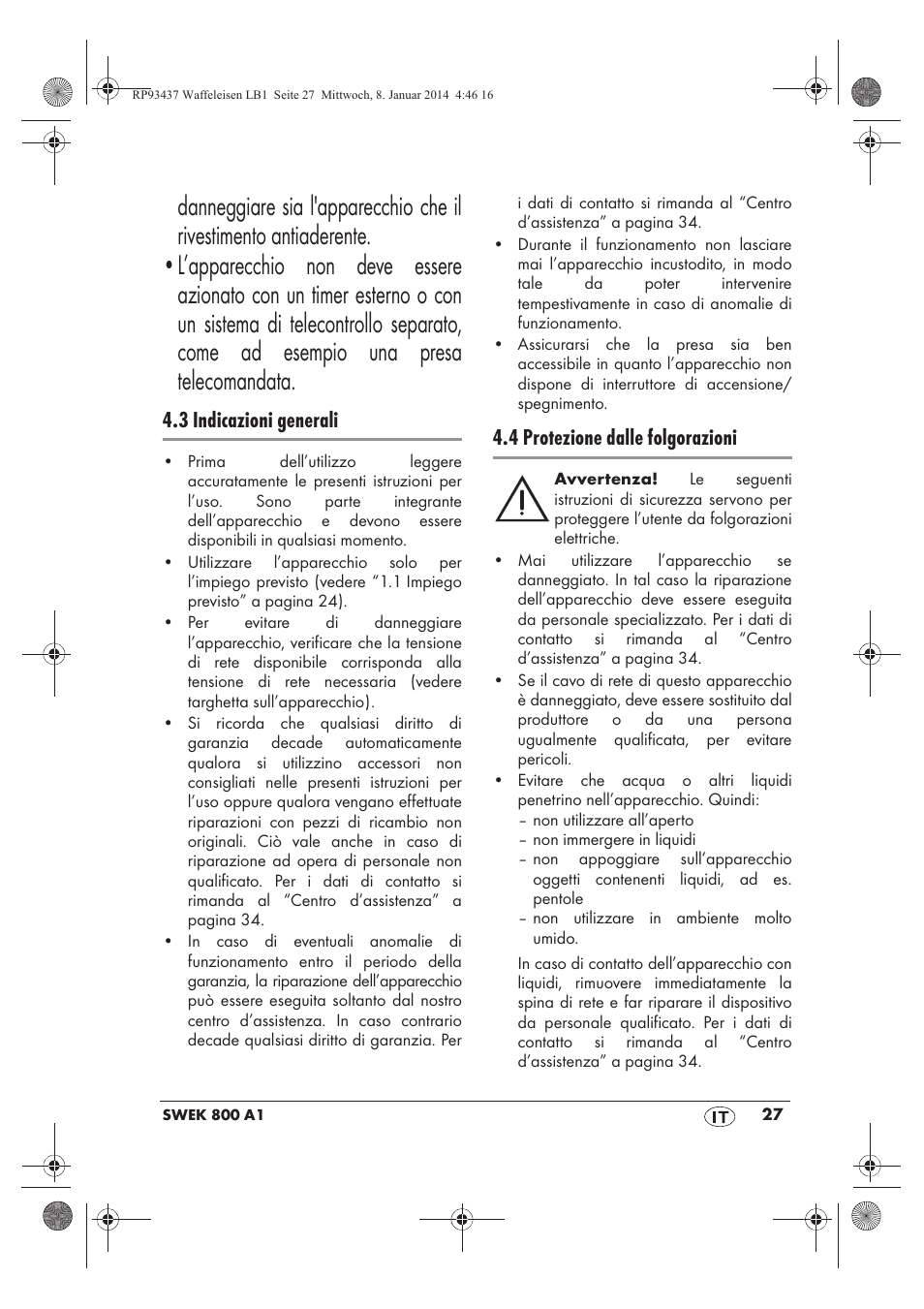 3 indicazioni generali, 4 protezione dalle folgorazioni | Silvercrest SWEK 800 A1 User Manual | Page 29 / 58