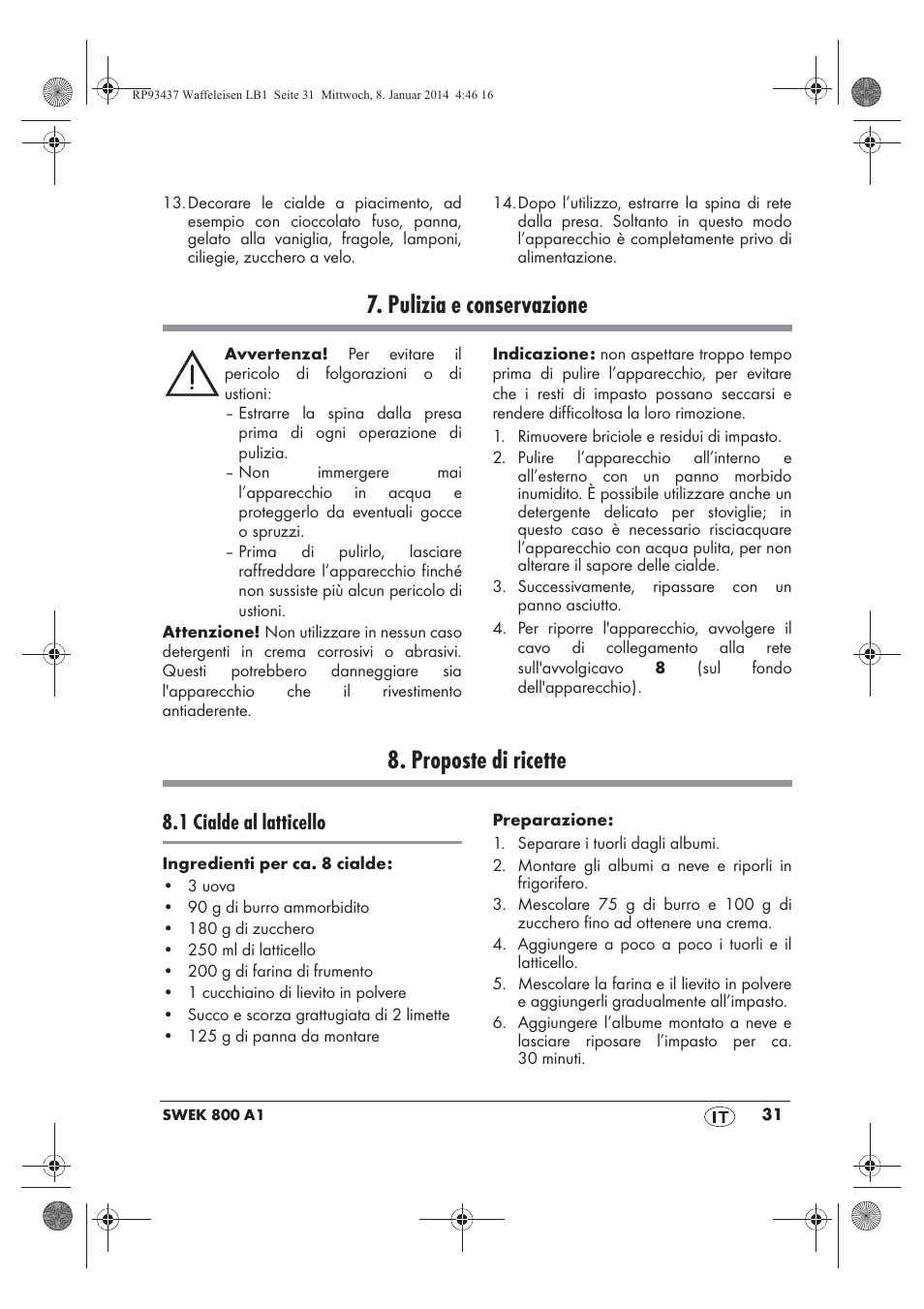 Pulizia e conservazione, Proposte di ricette, 1 cialde al latticello | Silvercrest SWEK 800 A1 User Manual | Page 33 / 58