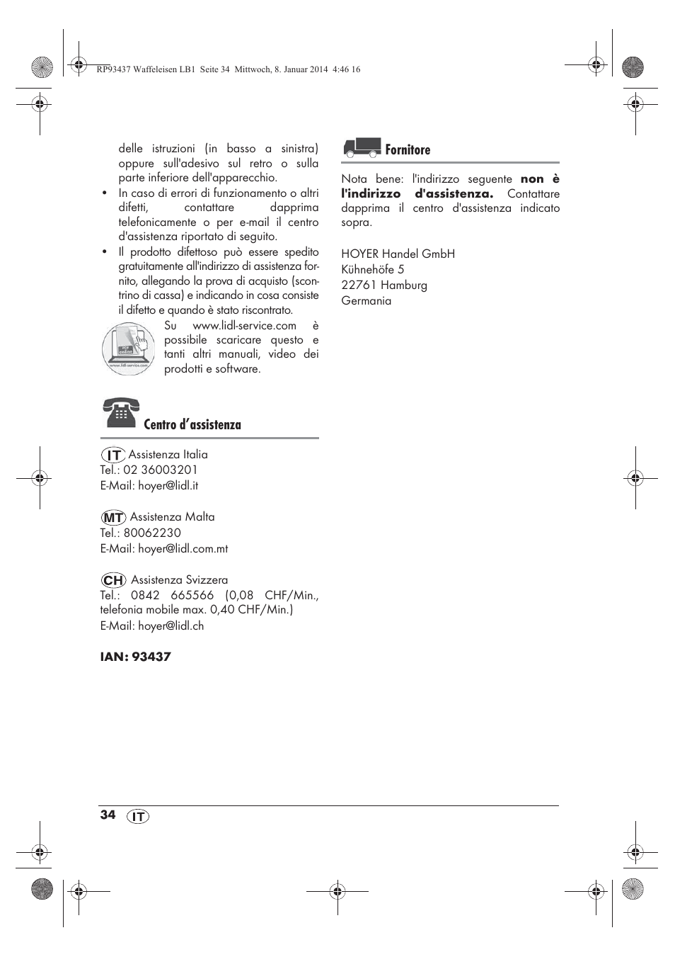 Centro d’assistenza, Fornitore | Silvercrest SWEK 800 A1 User Manual | Page 36 / 58