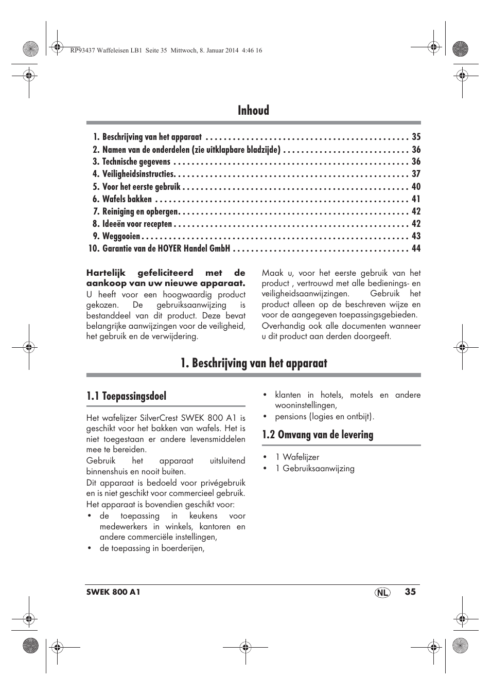Inhoud, Beschrijving van het apparaat, 1 toepassingsdoel | 2 omvang van de levering | Silvercrest SWEK 800 A1 User Manual | Page 37 / 58