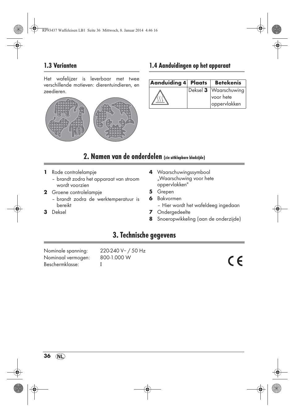 Namen van de onderdelen, Technische gegevens, 3 varianten | 4 aanduidingen op het apparaat | Silvercrest SWEK 800 A1 User Manual | Page 38 / 58