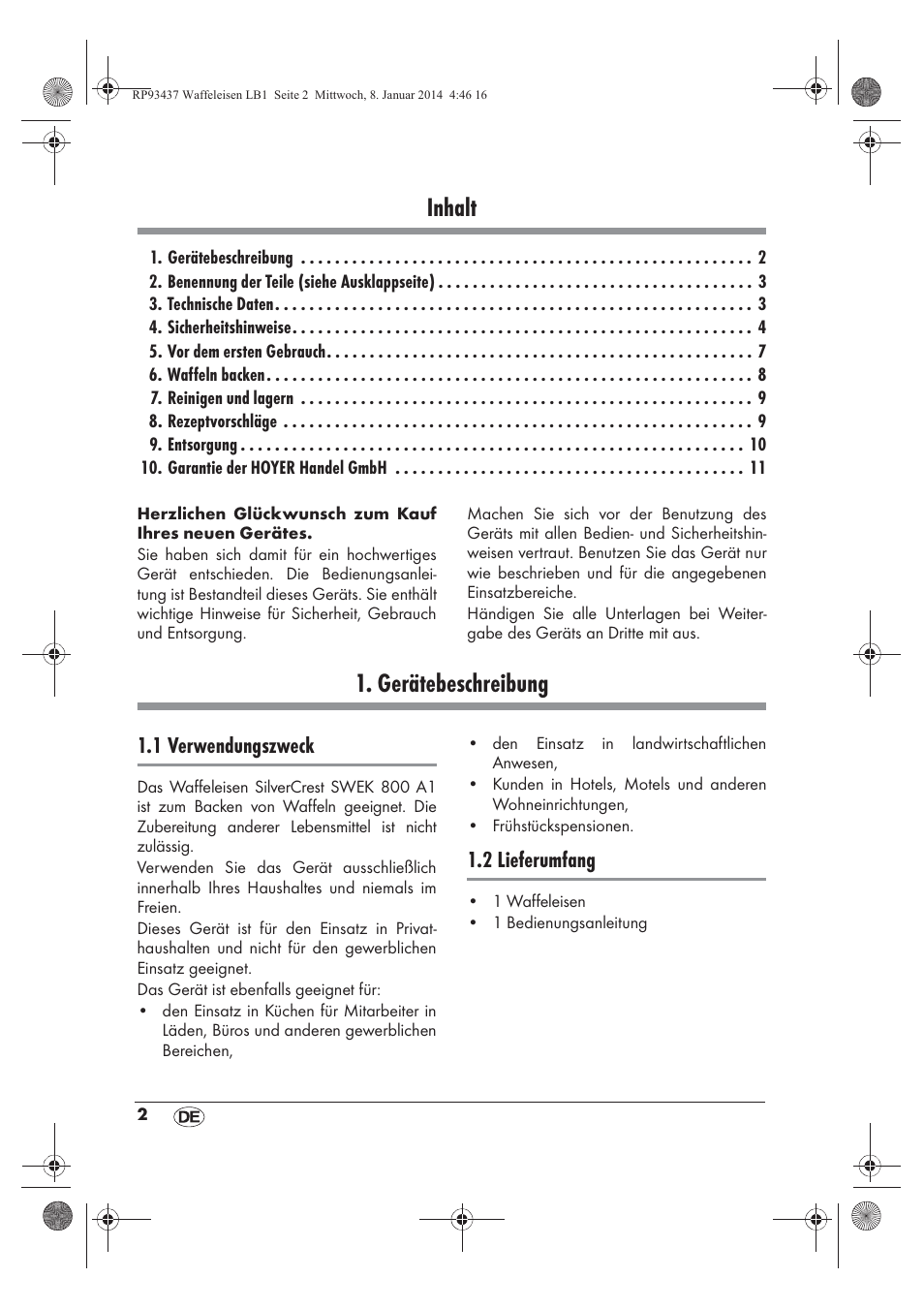 Inhalt, Gerätebeschreibung, 1 verwendungszweck | 2 lieferumfang | Silvercrest SWEK 800 A1 User Manual | Page 4 / 58