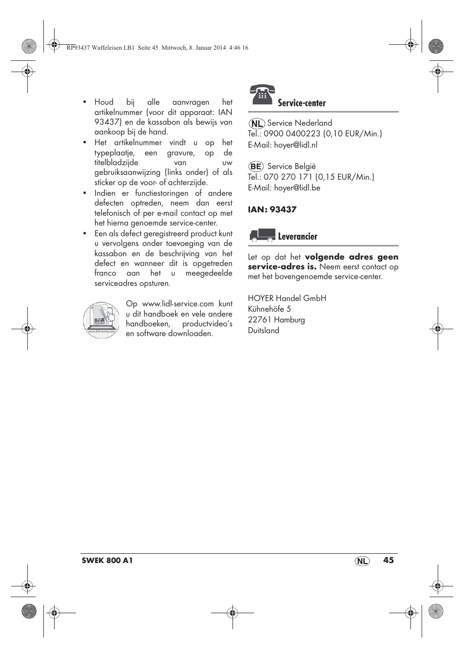 Service-center, Leverancier | Silvercrest SWEK 800 A1 User Manual | Page 47 / 58