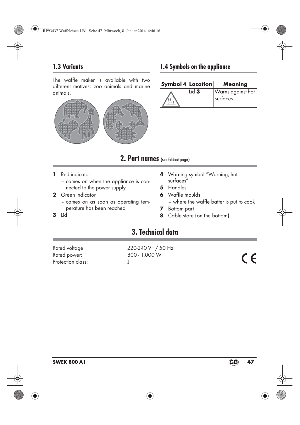 Part names, Technical data, 3 variants | 4 symbols on the appliance | Silvercrest SWEK 800 A1 User Manual | Page 49 / 58