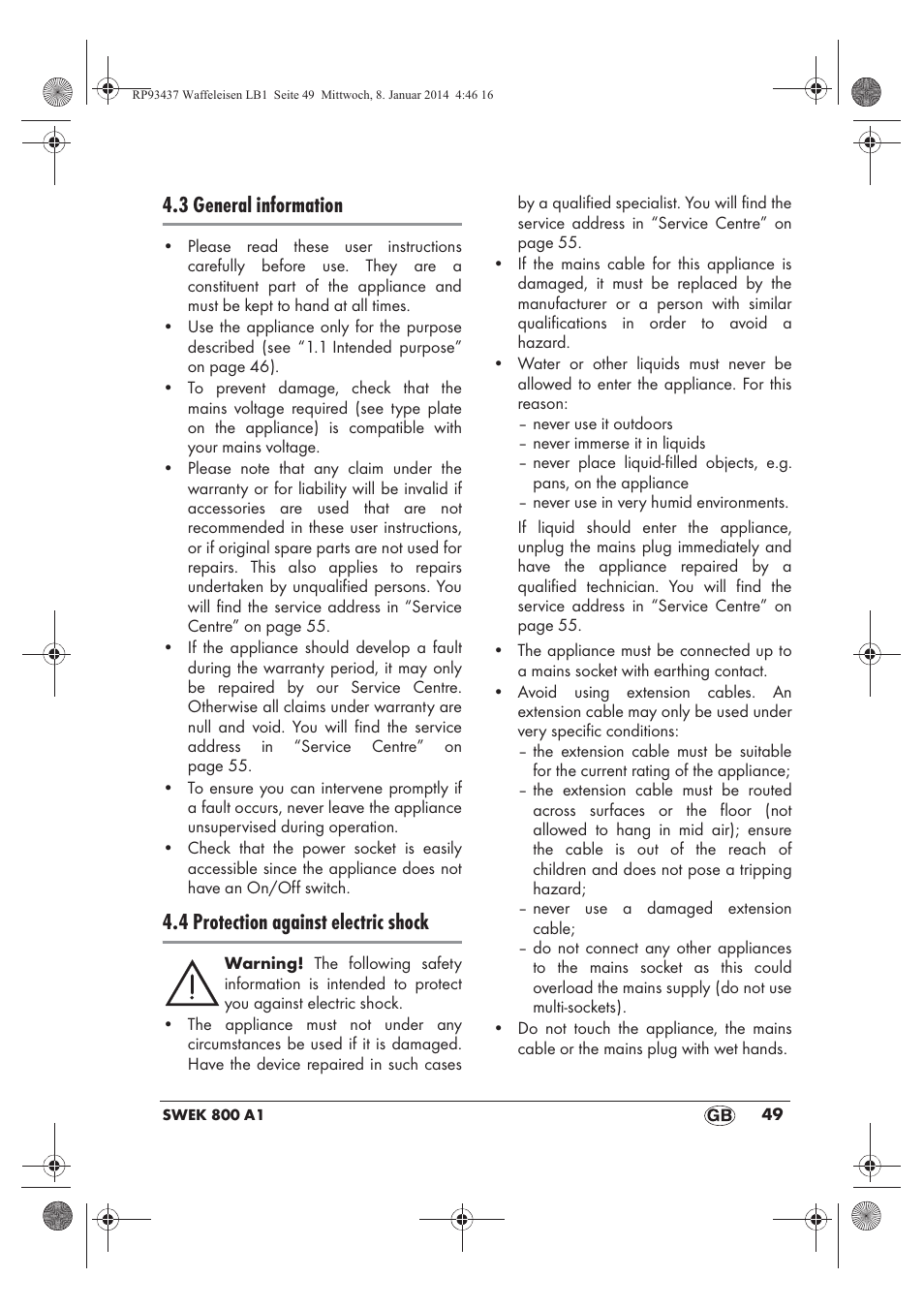 3 general information, 4 protection against electric shock | Silvercrest SWEK 800 A1 User Manual | Page 51 / 58