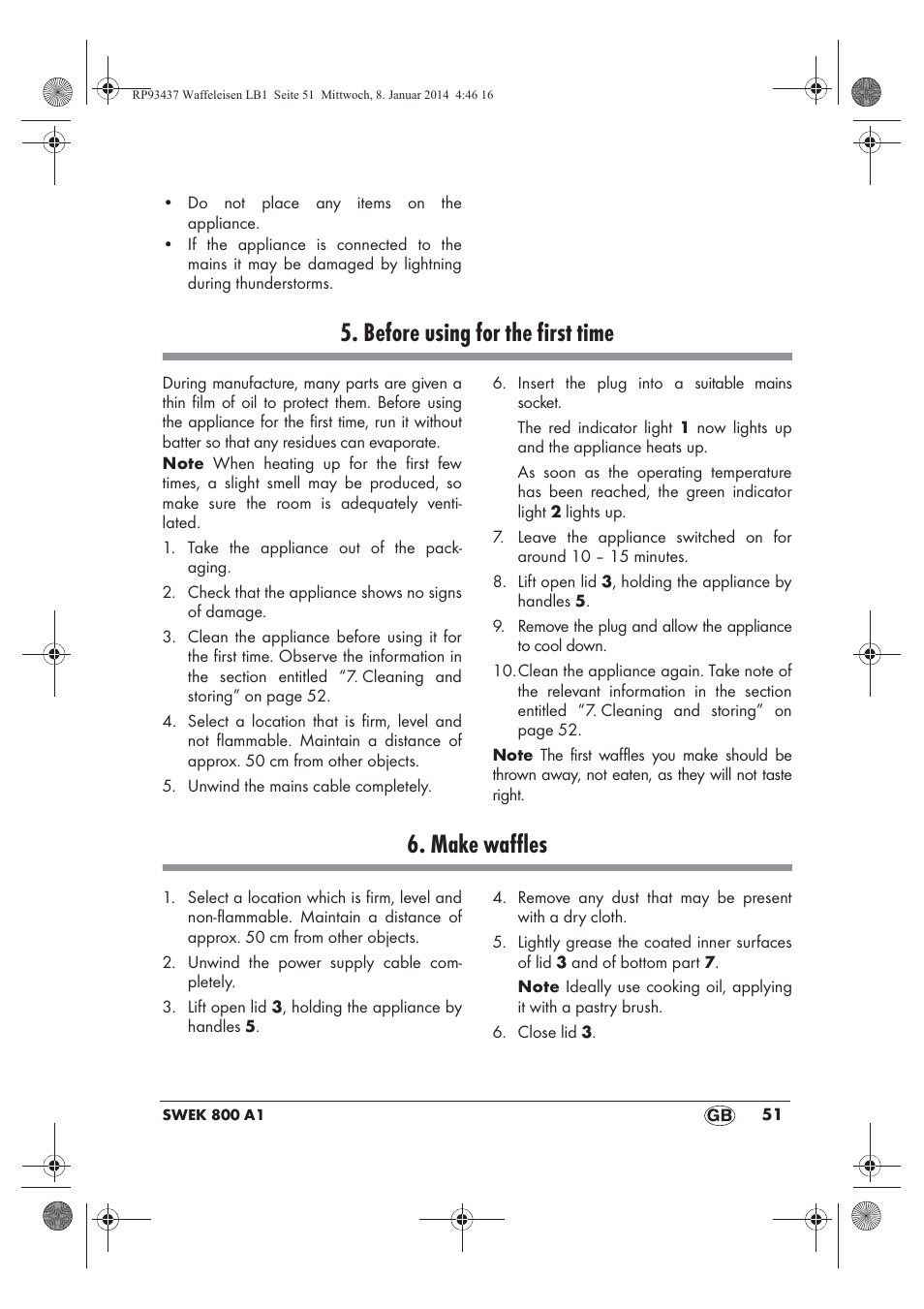 Before using for the first time, Make waffles | Silvercrest SWEK 800 A1 User Manual | Page 53 / 58