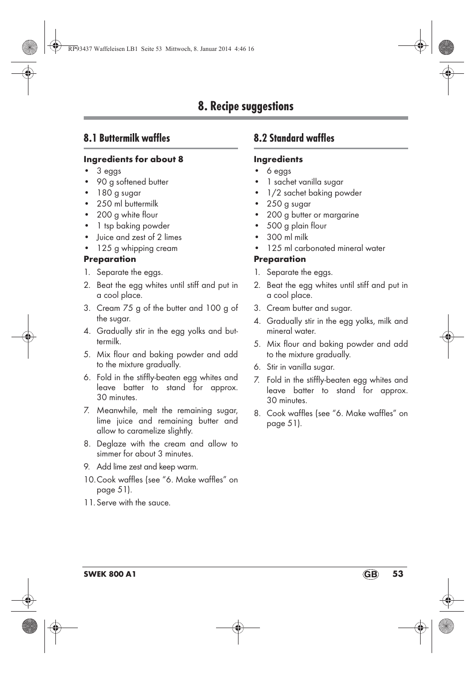 Recipe suggestions, 1 buttermilk waffles, 2 standard waffles | Silvercrest SWEK 800 A1 User Manual | Page 55 / 58