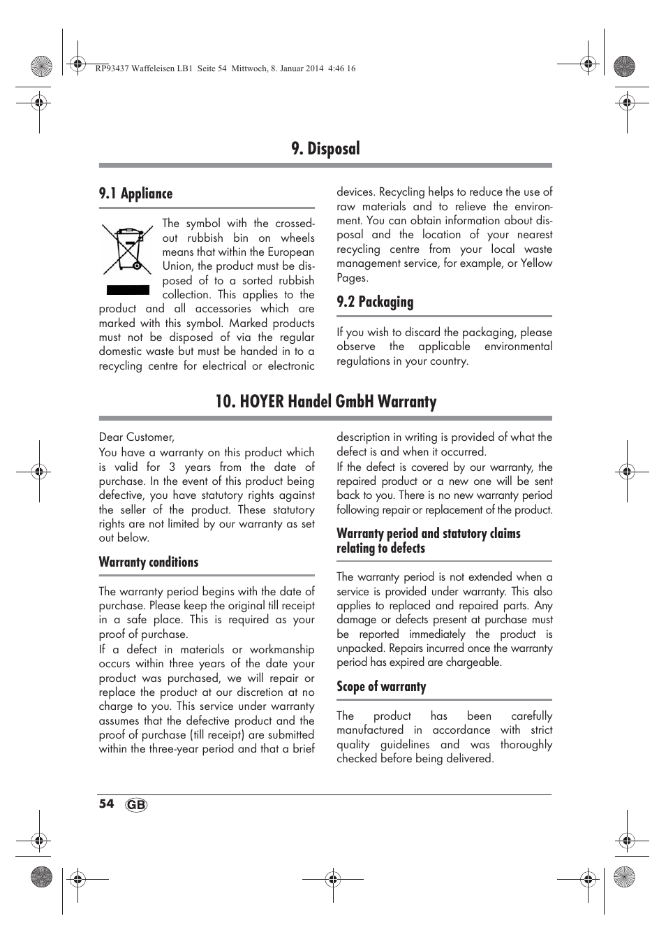 Disposal, Hoyer handel gmbh warranty | Silvercrest SWEK 800 A1 User Manual | Page 56 / 58