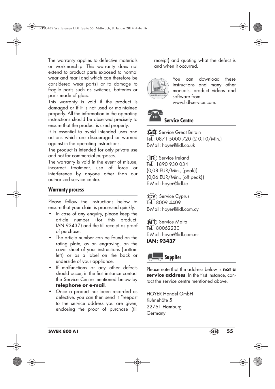 Warranty process, Service centre, Supplier | Silvercrest SWEK 800 A1 User Manual | Page 57 / 58