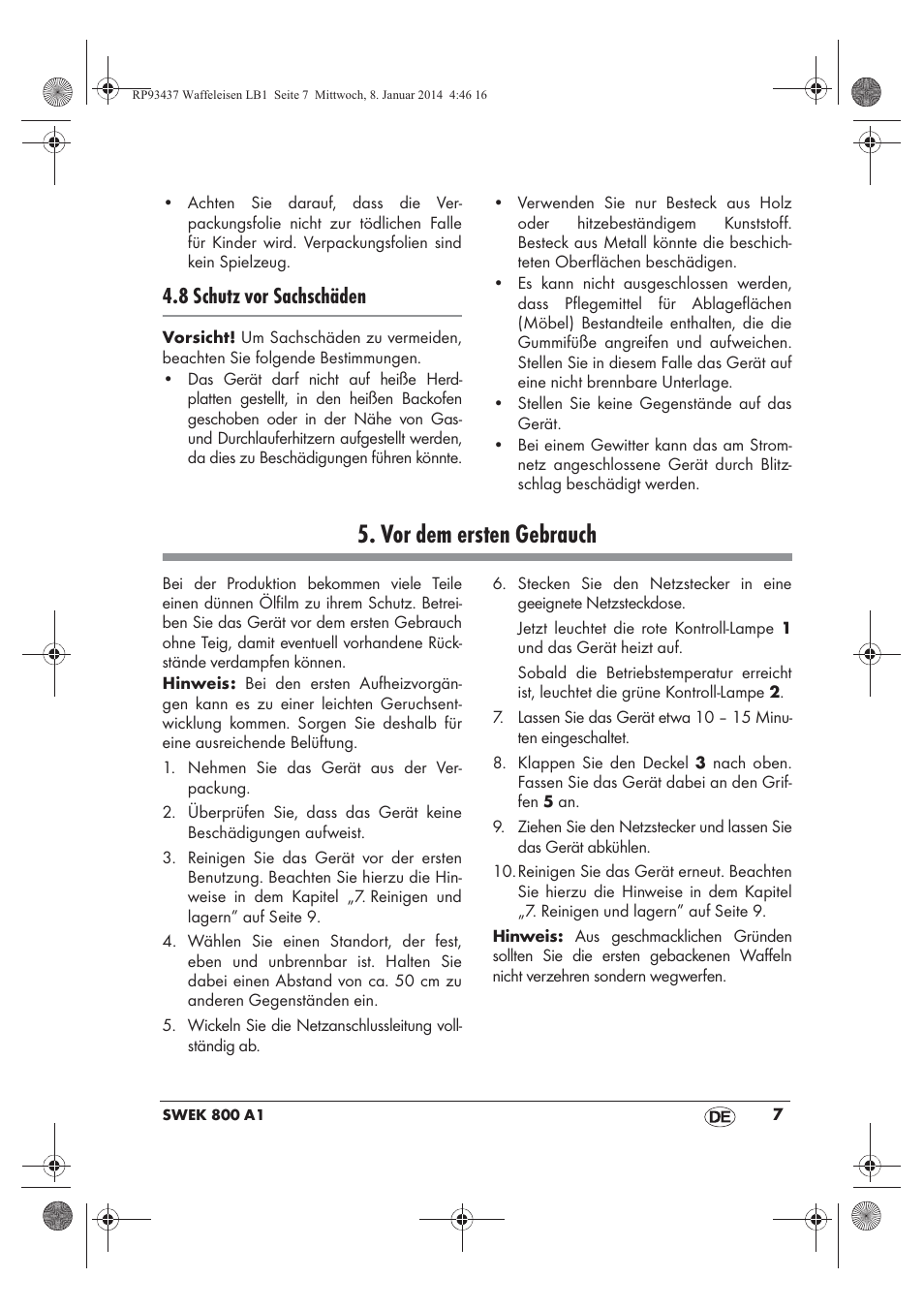 Vor dem ersten gebrauch, 8 schutz vor sachschäden | Silvercrest SWEK 800 A1 User Manual | Page 9 / 58