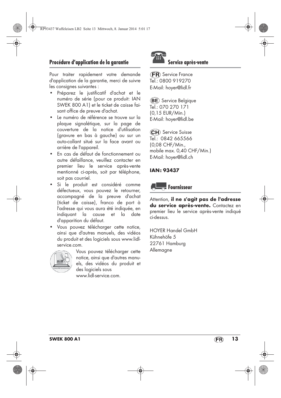 Procédure d'application de la garantie, Service après-vente, Fournisseur | Silvercrest SWEK 800 A1 User Manual | Page 15 / 50