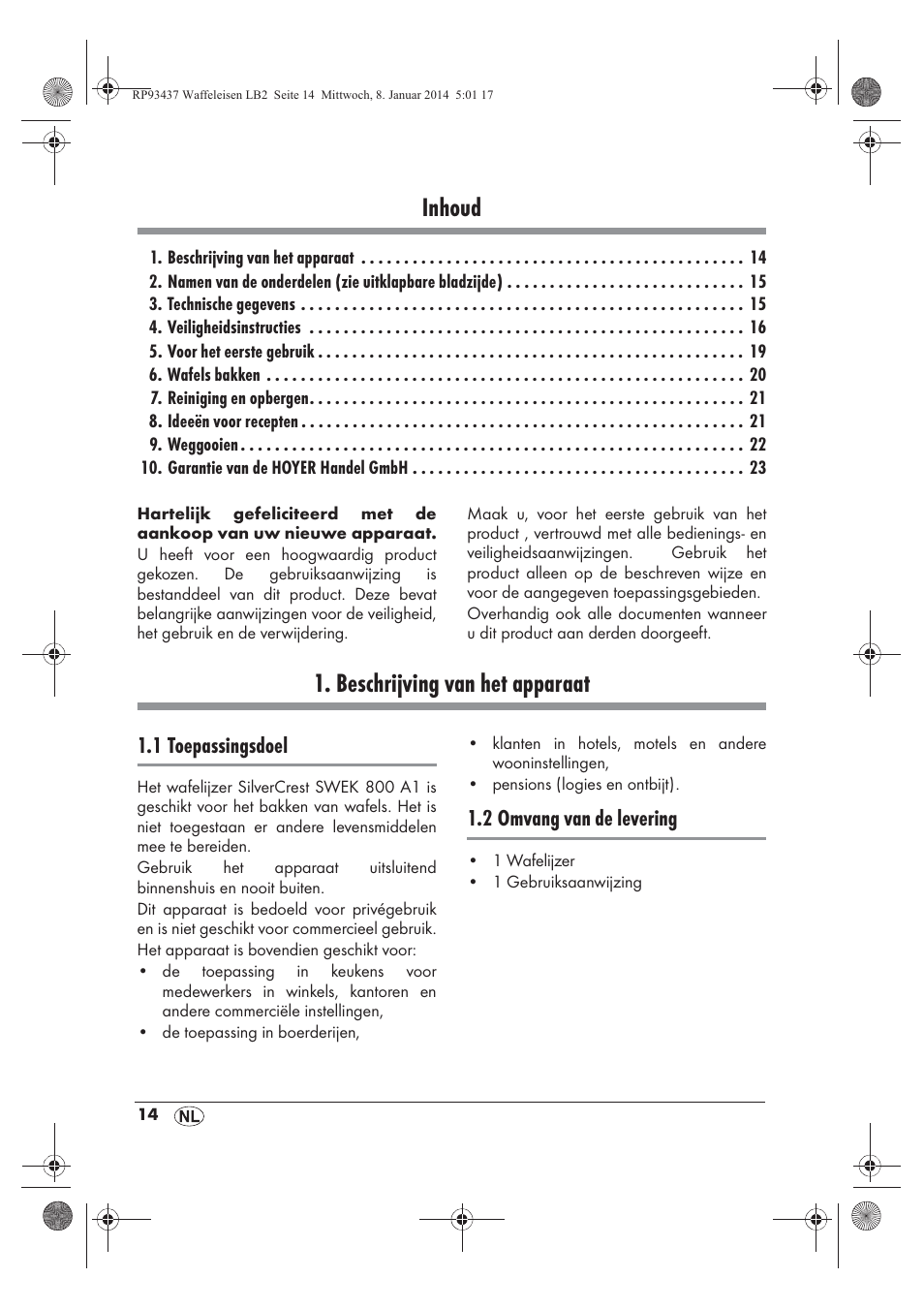 Inhoud, Beschrijving van het apparaat | Silvercrest SWEK 800 A1 User Manual | Page 16 / 50